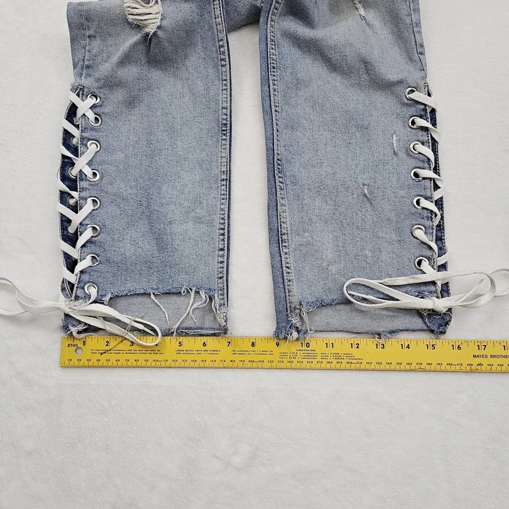 Anthropologie Pilcro Slim Straight‎ Jeans Womens 34W 28L Raw Hem Lace Up Denim